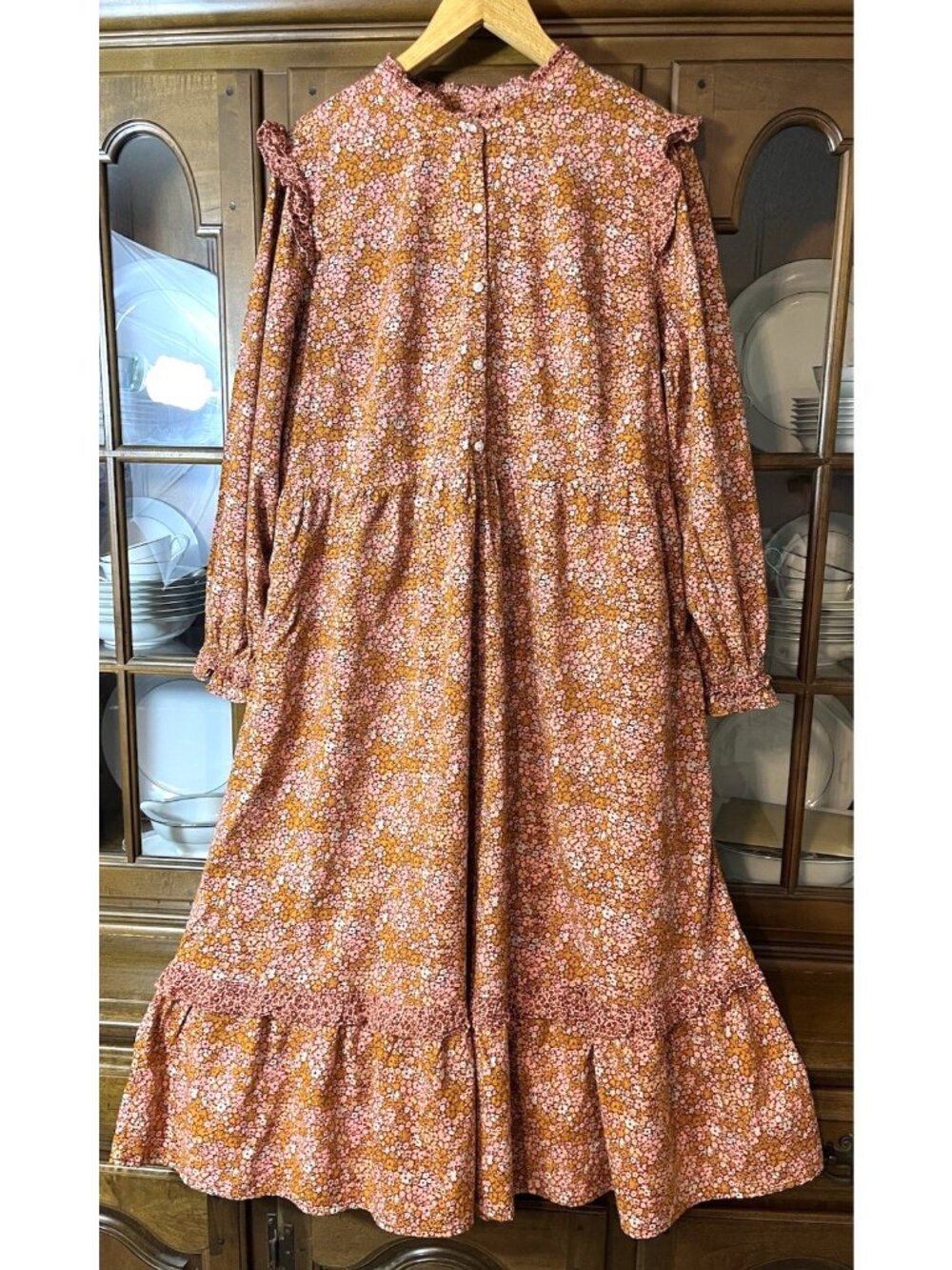 Universal Thread Maxi Dress XL Orange Pink Floral Ruffle Prairie Boho Cottage